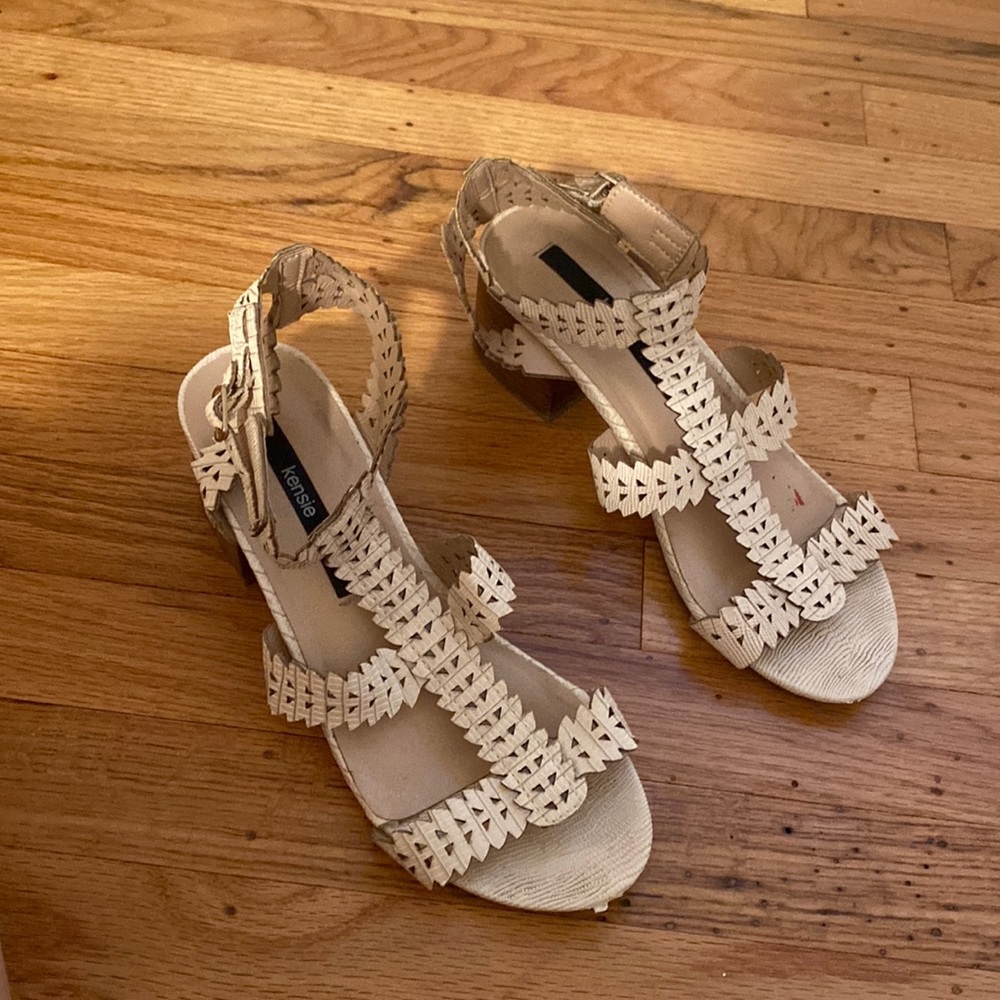 Kensie Perforated Leather Wood Block Heel Sandals